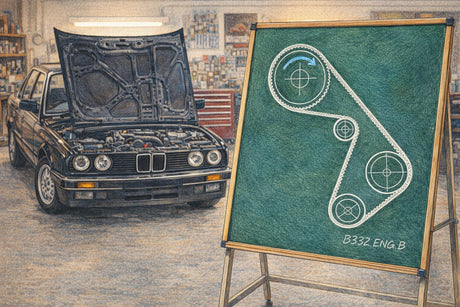 A BMW E30 in the shop with its hood up, beside a chalkboard showing the M20 camshaft drive belt routing
