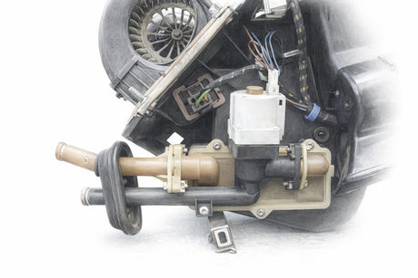 BMW E30 heater box out of the car showing the electric heater valve, the metal coolant pipes, and the flange joints where the new O-rings seal.