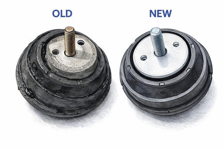 Old oily worn BMW E36 engine mount beside a clean new one, showing the fluid weep that marks a failed hydraulic mount