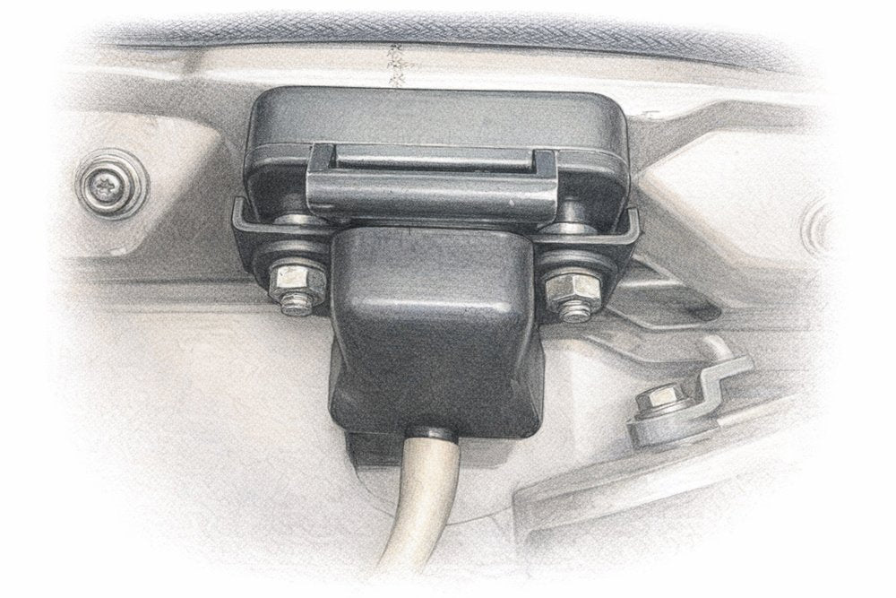 Porsche 944 rear hatch lock cover and white drain hose in the car with the two mounting nuts visible