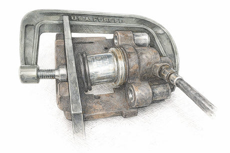 BMW E30 front brake caliper held in a bench vise during a rebuild with the piston pushed out by an air blow tip.