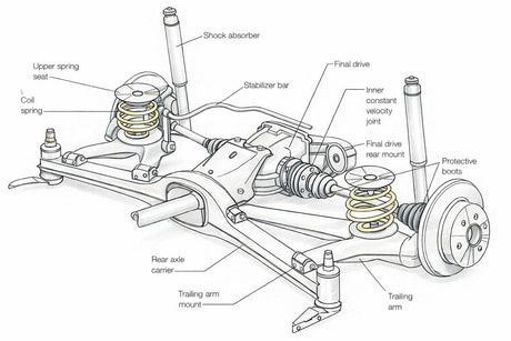 BMW E30 rear axle carrier layout diagram showing the subframe body-mount bushings, the trailing arms, and the final drive.