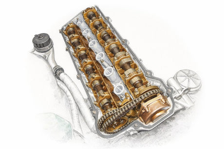 BMW E36 M52 cylinder head with valve cover removed showing cams, timing chain, VANOS, and spark plug tubes
