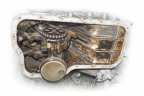 BMW E30 M20 oil pump, drive chain, and pickup screen exposed with the oil pan dropped away.