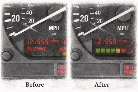 BMW E36 instrument cluster before and after oil service light reset