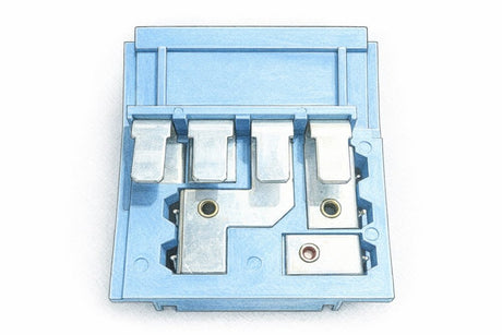 New BMW E30 blower motor series resistor plate showing its wirewound resistance elements and spade terminals.